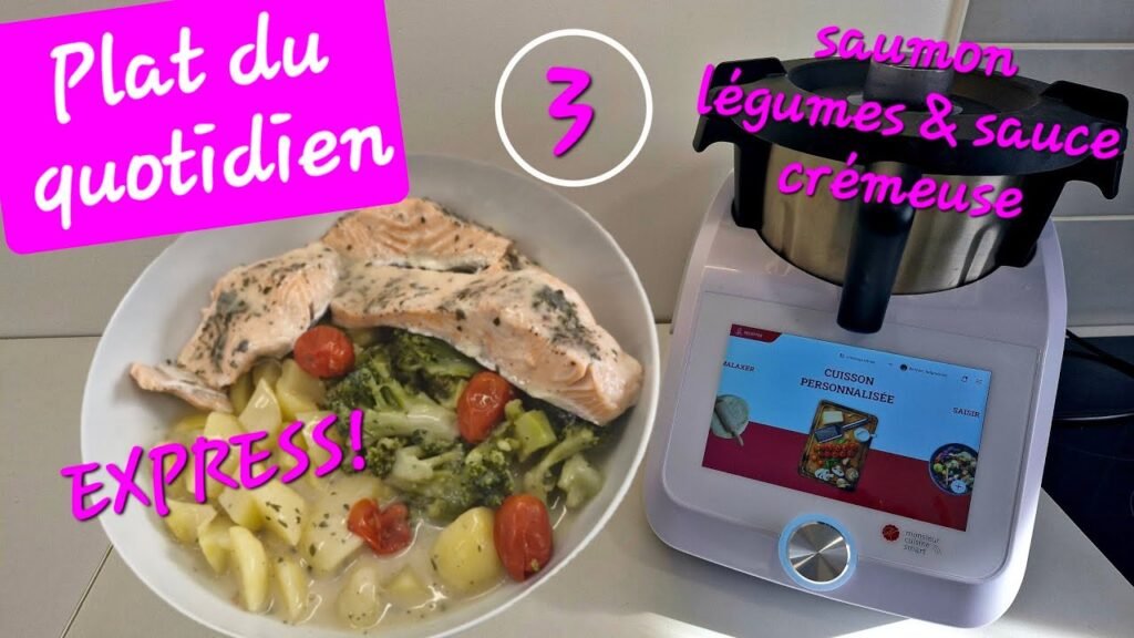 Photographie du menu complet : Saumon sauce crémeuse et ses accompagnements réalisée au Monsieur Cuisine Smart silvercrest de Lidl