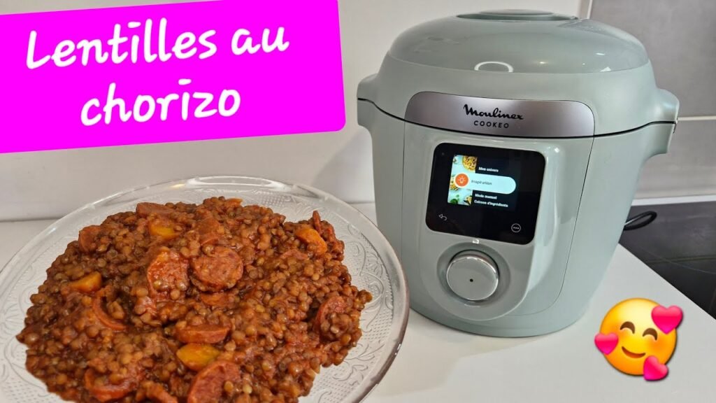 Photographie d'un plat de lentilles au chorizo réalisé au Cookeo 10 en 1 de Moulinex