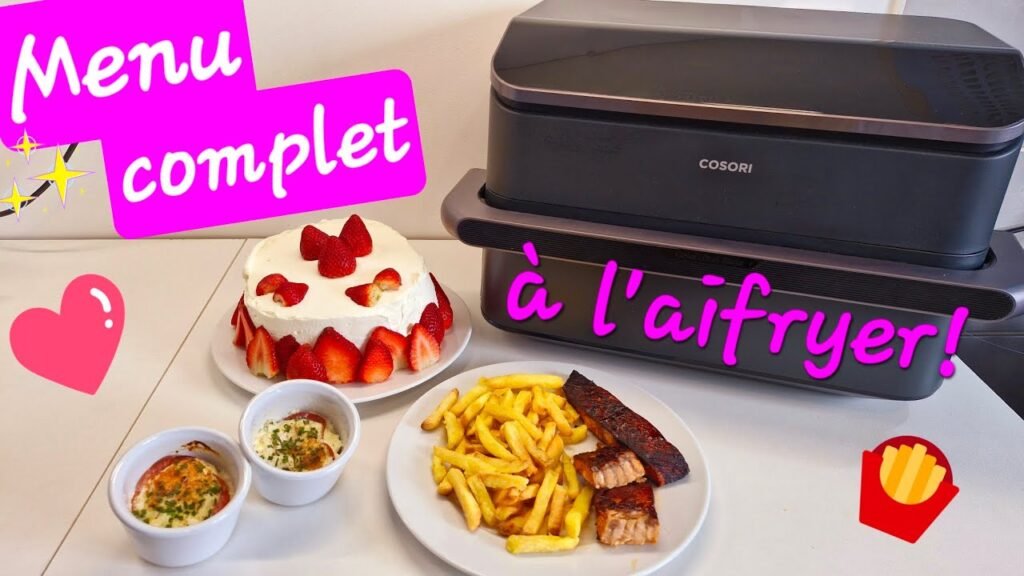 Photographie d'un menu complet réalisé à l'airfryer : œufs cocotte, saumon et frites et gâteau aux fraises