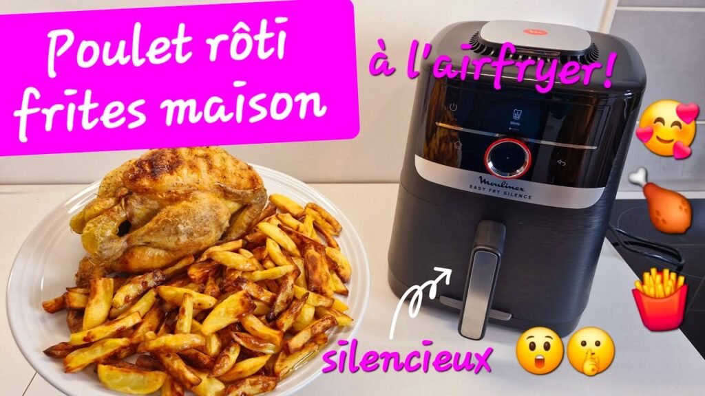 Photographie d'un poulet rôti à la perfection ainsi que ses frites maison à l'airfryer