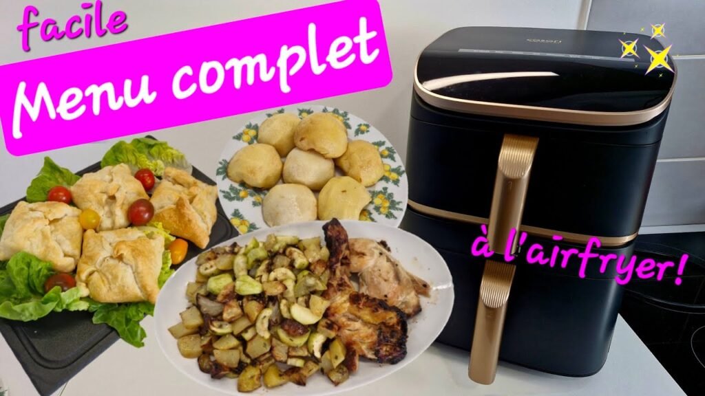 Photographie d'un menu complet réalisé à l'airfryer : feuilletés chèvre et poireaux, cuisses de poulet marinées et leur accompagnement et pommes rôties au miel