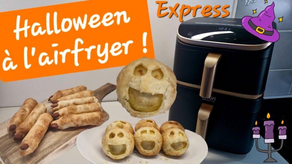 Photographie de deux recettes spéciales pour halloween à l'airfyer : doigts de sorcières salés et pommes feuilletées effrayantes !