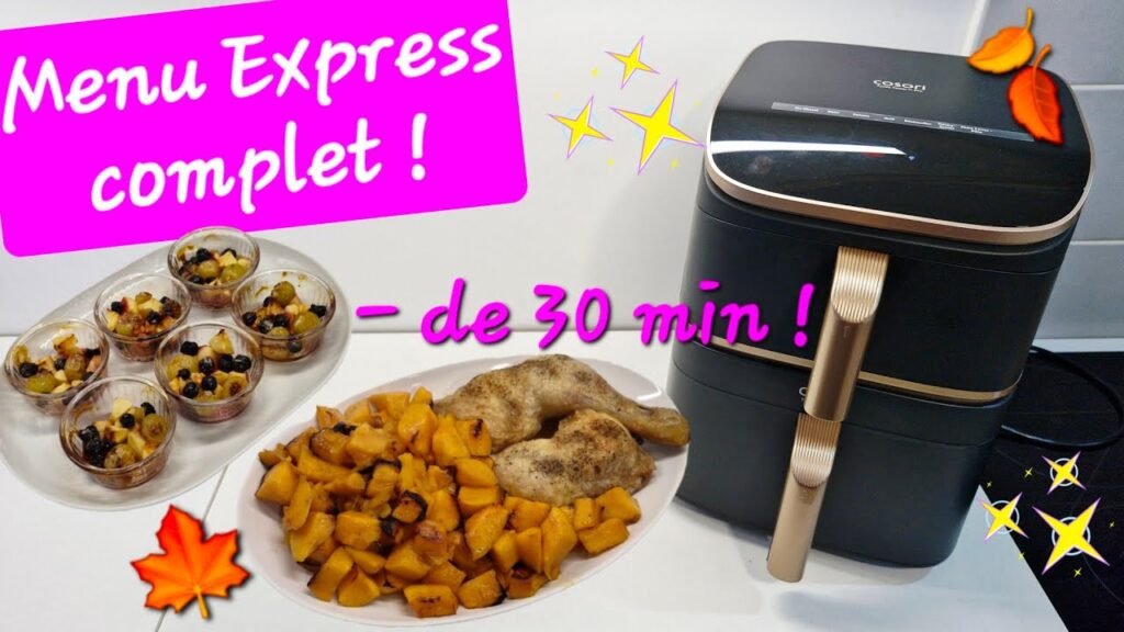 Photographie d'un menu complet réalisé à l'airfryer : poulet et potimarron et fruits cuits au miel