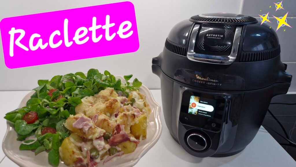 Photographie d'une délicieuse Raclette revisité au fromage coulant à souhait réalisé avec le Cookeo Infinity de Moulinex