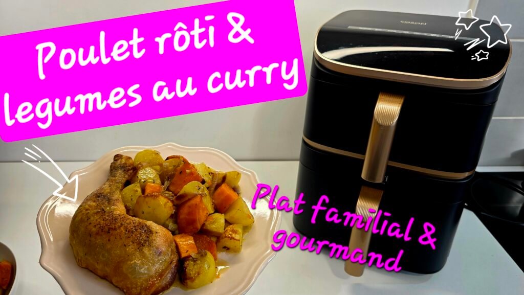 Photographie de cuisses de poulet croustillantes avec leur accompagnement : pommes de terre de patate douce au curry réalisés à l'airfryer Turbo Tower Pro Smart de cosori