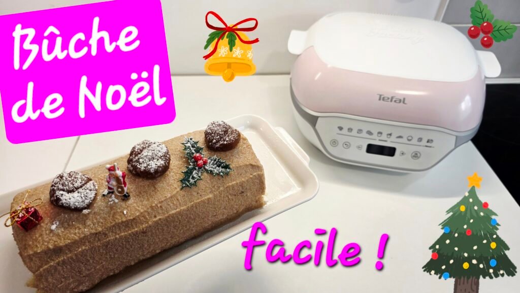 Photographie d'une très belle Bûche de Noël à la crème de marrons et aux marrons glacés réalisée facilement avec le Cake factory Infinity de Tefal