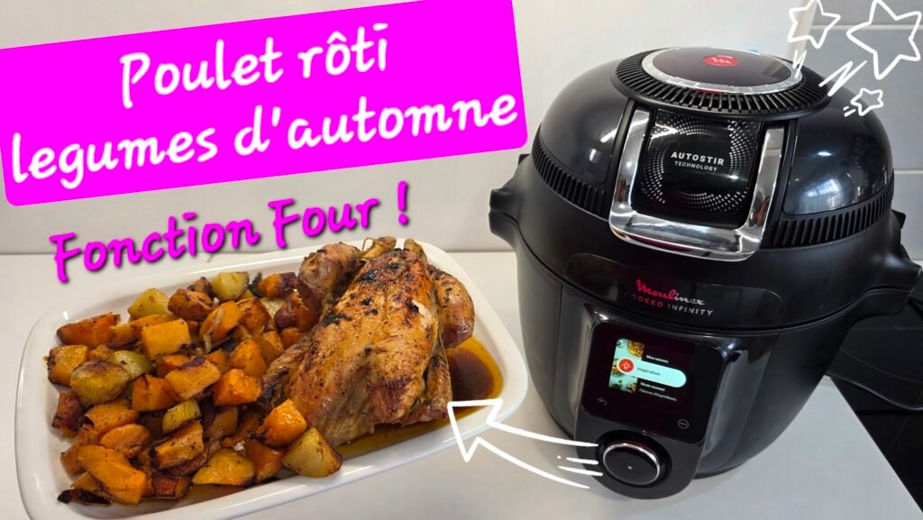 Photographie d'un poulet entier rôti et croustillants accompagné de ses légumes d'automne : pommes de terre, butternut, patates douces... le tout cuit avec la fonction Four du Cookeo Infinity de Moulinex