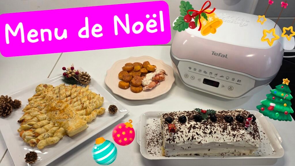 Photographie d'un menu de Noël complet au Cake factory infinity de Tefal : Sapin feuilleté au saumon, Homard sauce au champagne et patates douces rôties et Bûche façon Forêt noire.