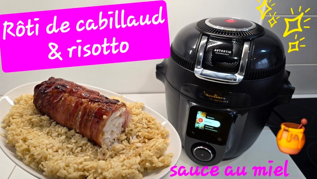 Photographie d'un Rôti de cabillaud sur un lit de risotto fondant nappé d'une sauce au miel sirupeuse à souhait réalisé avec le cookeo infinity de Moulinex