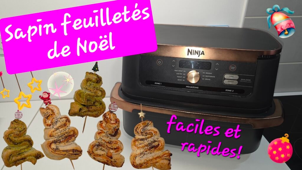 Photographie de plusieurs petits sapins de Noël feuilletés au pesto ou au saumon et fromage frais à l'airfryer Ninja foodi flex !