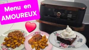 Photographie d'un délicieux menu de Saint-Valentin à déguster en amoureux réalisé à l'airfryer : poulet pané et ses pommes de terre dorées et fondant au chocolat au coeur coulant parfait !