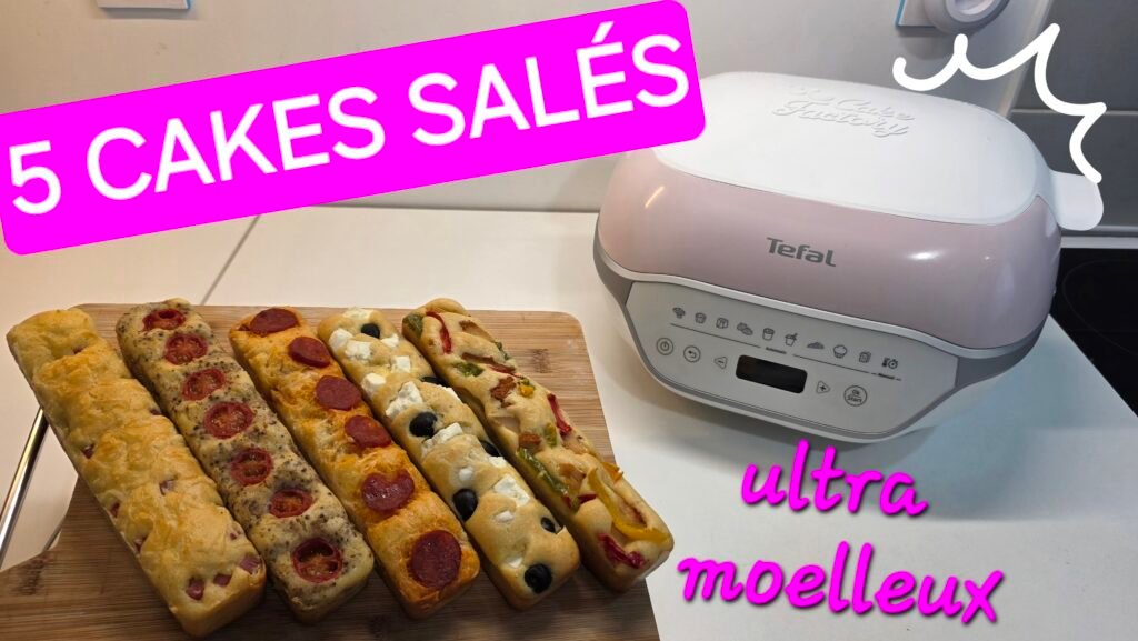 Photographie de 5 mini cakes salés réalisés au cake factory Infinity : 1 Jambon, emmental et muscade 2 thon, tomates cerises et moutarde à l'ancienne 3 chorizo, paprika et fromage 4 feta et olives 5 Poulet et poivron !