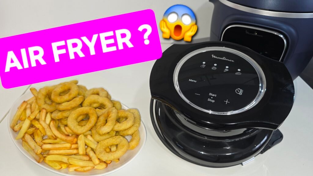 Photographie de l'extra crisp, accessoire qui transforme le cookeo en airfryer et calamars à la romaine, frites réalisés avec