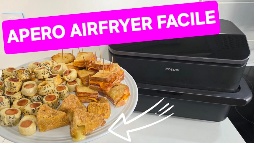 Photographie de 3 recettes rapides, faciles et économique pour l'apéritif à l'airfryer : feuilletés saucisses, mini croque-monsieur et mini fromages panés