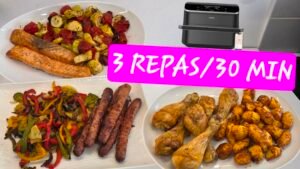 Trois idées de repas faciles à l'airfryer : poulet pommes de terre, saumon légumes et chipolatas poivrons grillés.