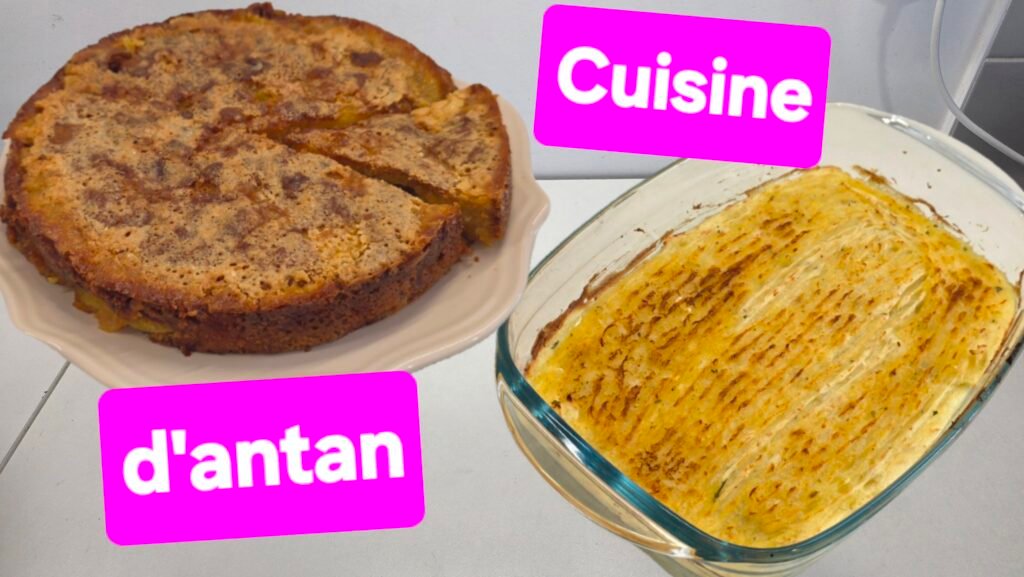 Image divisée présentant un menu complet réalisé au Monsieur Cuisine : à droite, une brandade de morue crémeuse avec de l'ail et du persil, et à gauche, un gâteau aux pommes d'antan moelleux et doré avec de gros morceaux de fruits.