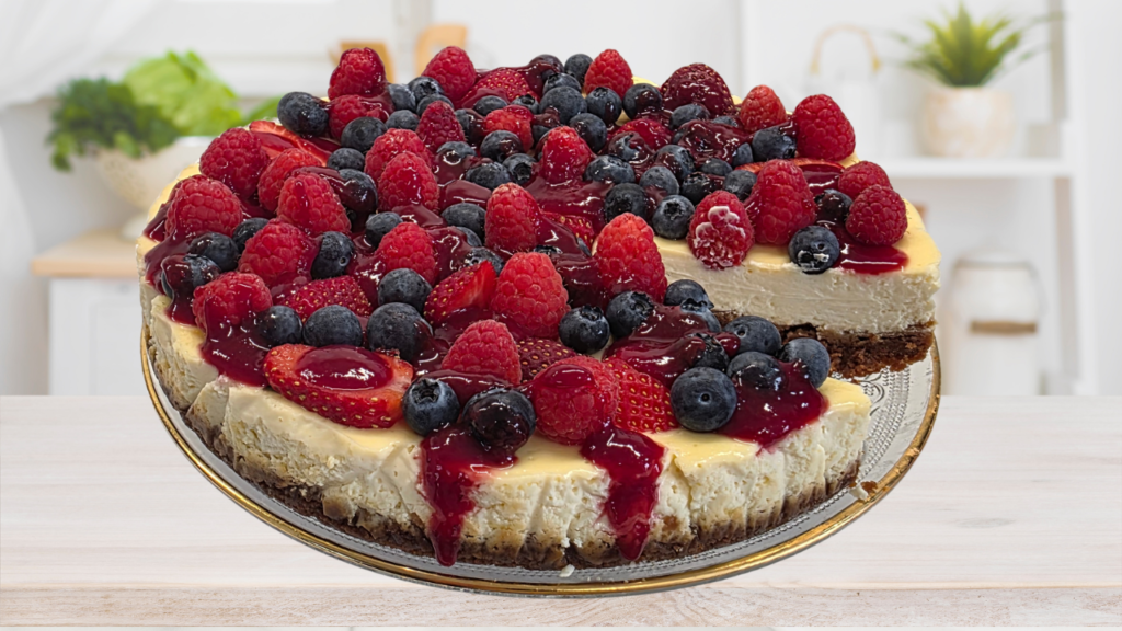 Cheesecake pour 12 personnes avec une base spéculoos, aux fruits rouges : fraises, myrtilles et framboises avec un coulis de framboises.