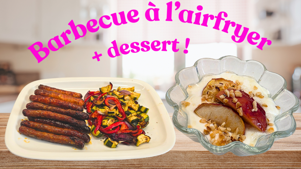 Merguez, chipotas, légumes fondants et dessert gourmand de pommes cuites sur un lit de fromage blanc avec un filet de sirop d'érable ainsi que des éclats de noisettes
