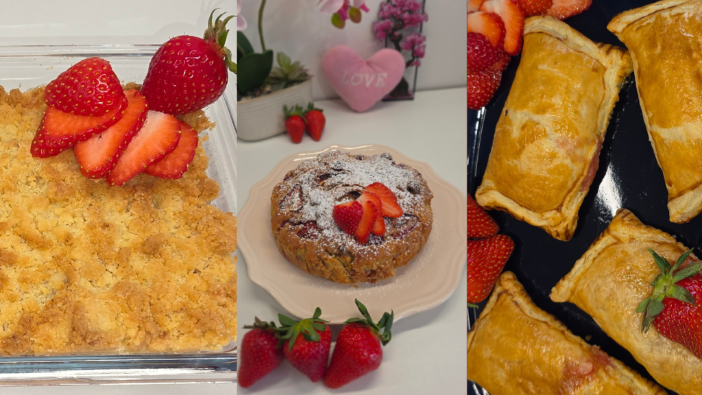Photographie d'un crumble, d'un gâteau moelleux et de feuilletés individuels réalisés à l'airfryer