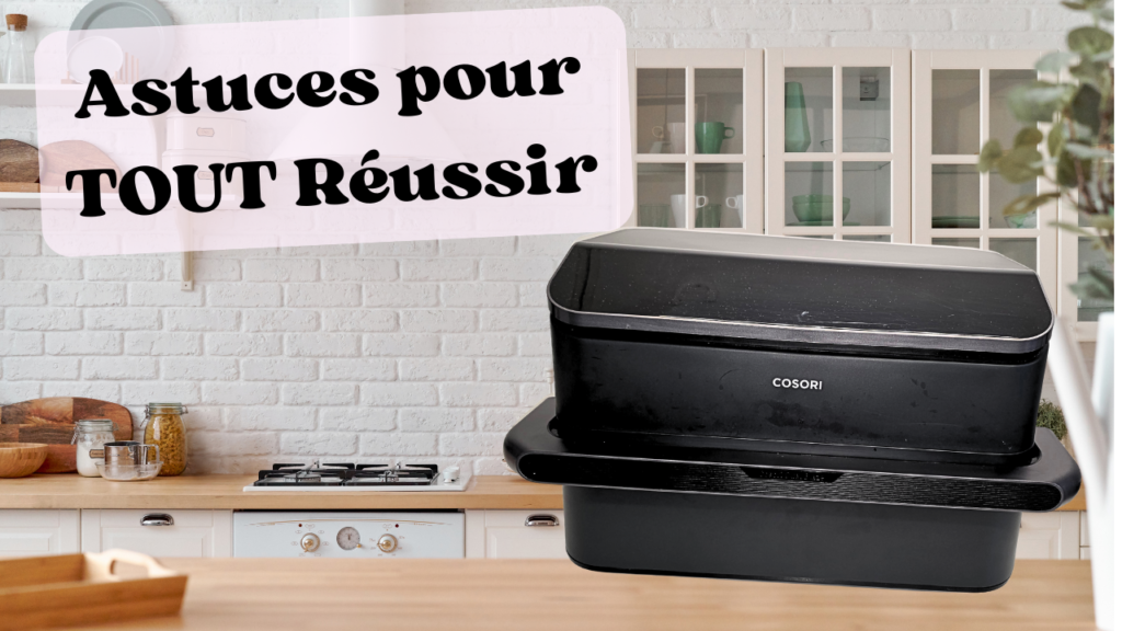 Airfryer Twinfry de COSORI posé sur un plan de travail dans la cuisine avec écrit : AStuces pour tout réussir en gros et en noir.
