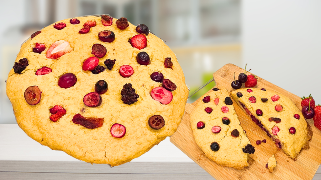 Deux maxi cookies cœurs au fruits, un entier à gauche et un coupé en deux à droite. Ils sont parsemés de fruits rouges lyophilisés et la découpe laisse apparaitre un centre fruités rempli de cerises et de fraises émincées.