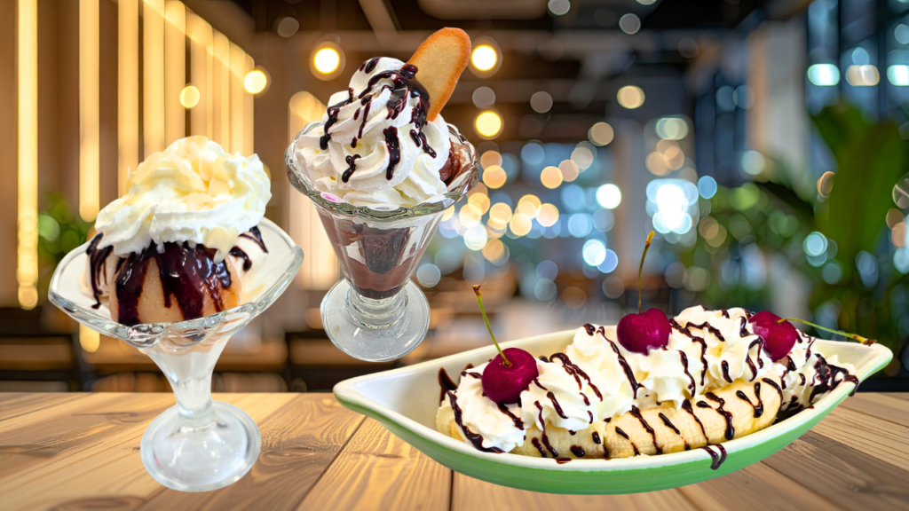 3 glaces de restaurant réalisées maison facilement : Poire Belle-Hélène, Chocolat liégeois et Banana split avec la machine à glace Ninja creami deluxe