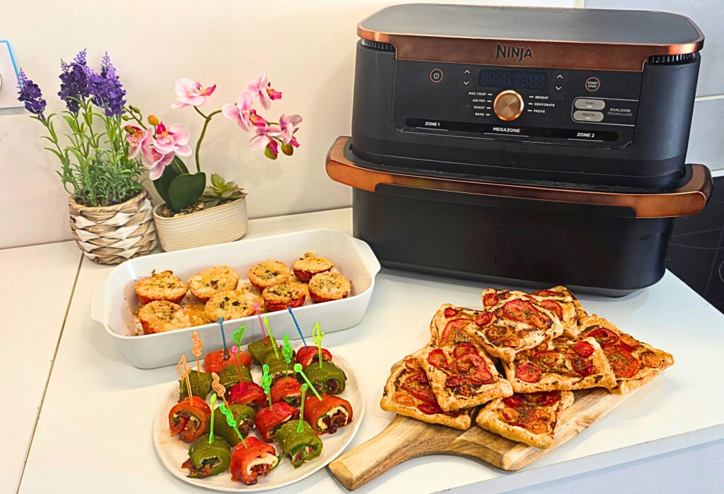 Tomates à la provençales, tartes fines à la tomate et poivrons roulés farcis de tomates séchées réalisés à l'airfryer Ninja foodi flex
