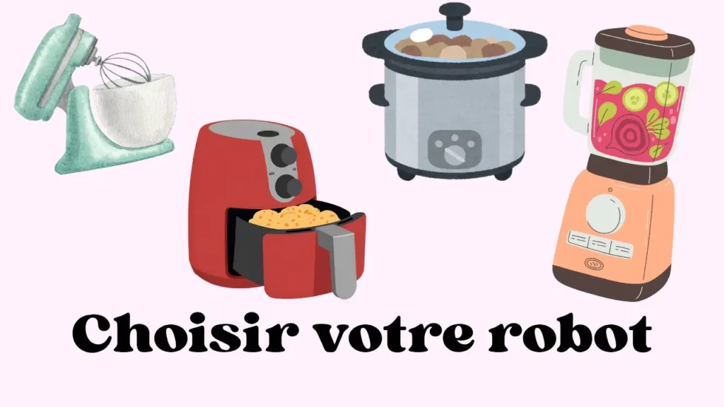 robots pâtissier, airfryer, multicuiseur et blender dessinés sur fond rose clair