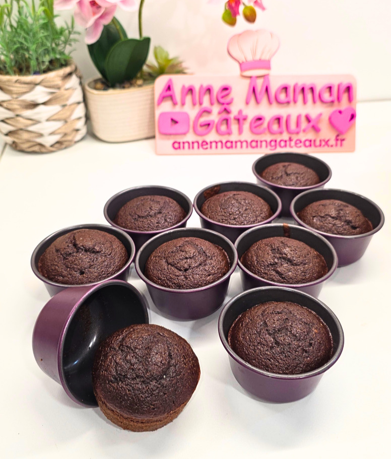 9 moelleux au chocolat healthy réalisés au cake factory infinity sur un plan de travail blanc et le logo Anne Maman Gâteaux en fond