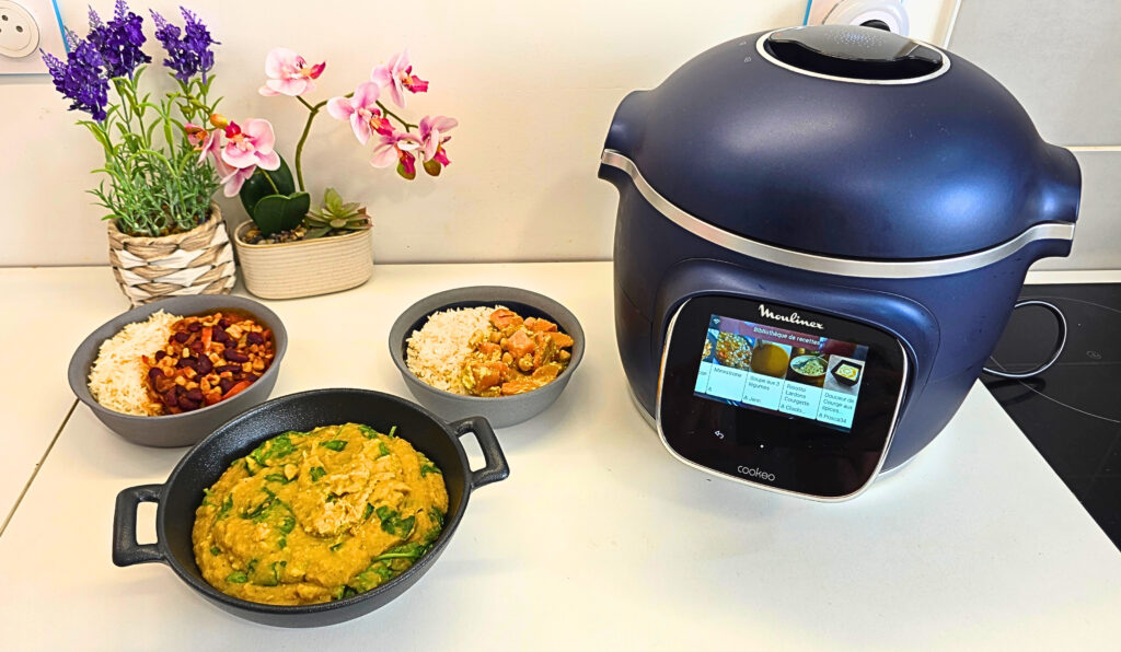 3 recettes petit budget au cookeo de Moulinex : chili sin carne, Curry de pois chiches et Dahl de lentilles corail