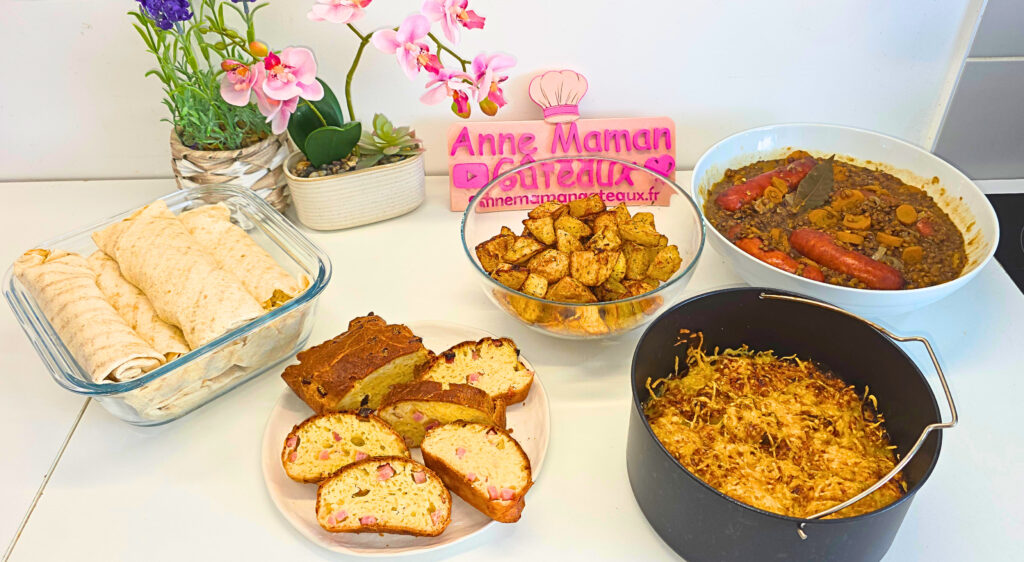 5 repas pour la semaine : gratin de courgettes, cake jambon fromage, wraps de poulet, pommes de terre sautées et lentilles saucisses réalisées au cookeo infinity de Moulinex