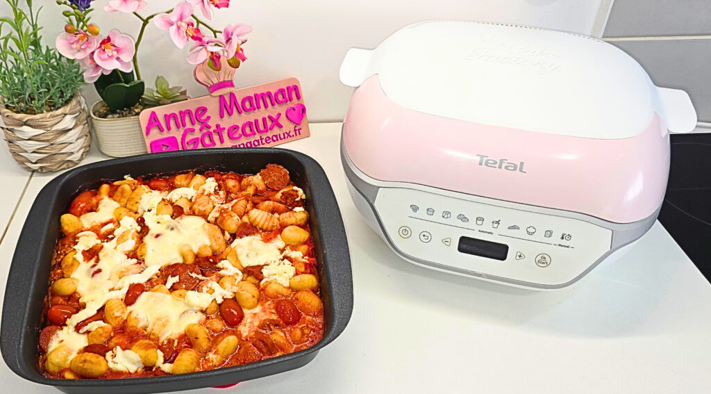 Gratin de gnocchis, tomates cerises, mozzarella et chorizo au cake factory infinity de Tefal
